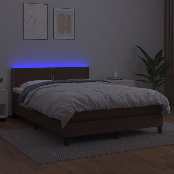 vidaXL Cama box spring colch&oacute;n y LED cuero sint&eacute;tico marr&oacute;n 140x200 cm