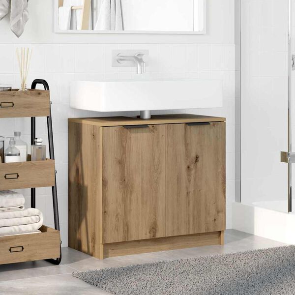 vidaXL Gabinete de Ba&ntilde;o con puerta Roble artesanal 64,5 x 33,5 x 59 cm