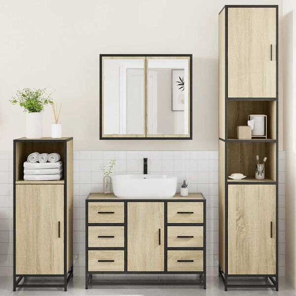 vidaXL Juego de muebles de ba&ntilde;o 4 pzas contrachapada roble sonoma