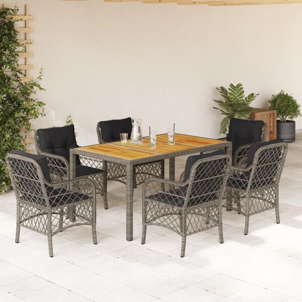 vidaXL Set comedor jard&iacute;n 7 pzas y cojines rat&aacute;n sint&eacute;tico gris