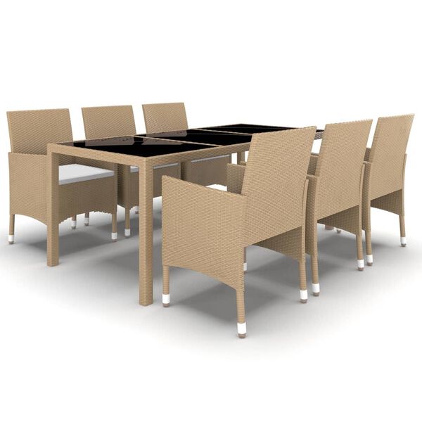 vidaXL Set de comedor de jard&iacute;n 7 pzas rat&aacute;n sint&eacute;tico vidrio beige