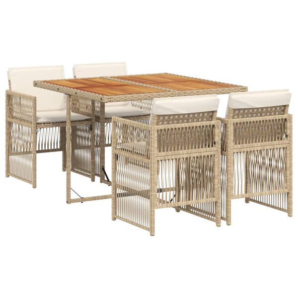 vidaXL Set comedor de jard&iacute;n 5 pzas con cojines rat&aacute;n sint&eacute;tico beige