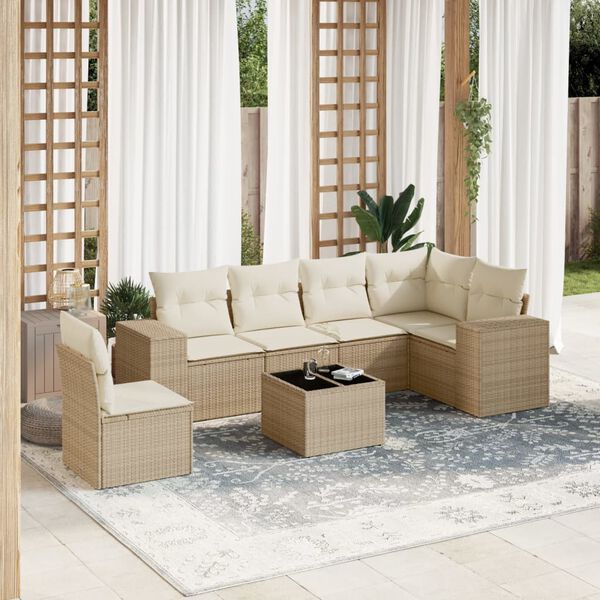 vidaXL Set sof&aacute;s de jard&iacute;n 7 piezas y cojines rat&aacute;n sint&eacute;tico beige
