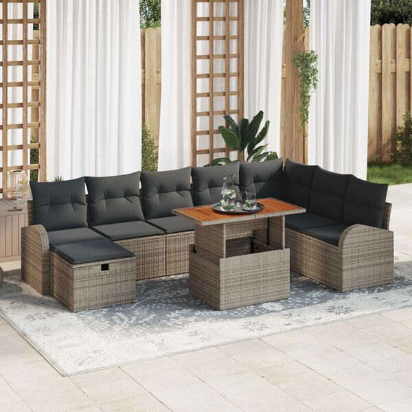 vidaXL Conjunto de sof&aacute; de jard&iacute;n 9 pcs Gris rat&aacute;n sint&eacute;tico
