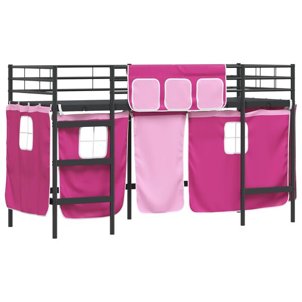 vidaXL Estructura de Cama Alta para Ni&ntilde;os con Cortinas Negro y Rosa