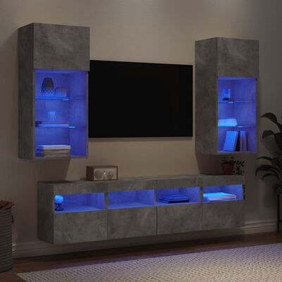 vidaXL Muebles TV pared con LED 5 pzas madera ingeniería gris hormigón