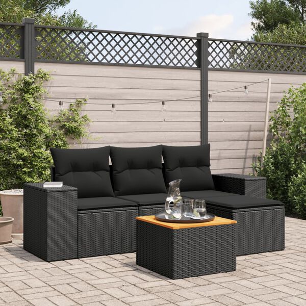 vidaXL Set de muebles de jard&iacute;n 5 pzas y cojines rat&aacute;n sint&eacute;tico negro