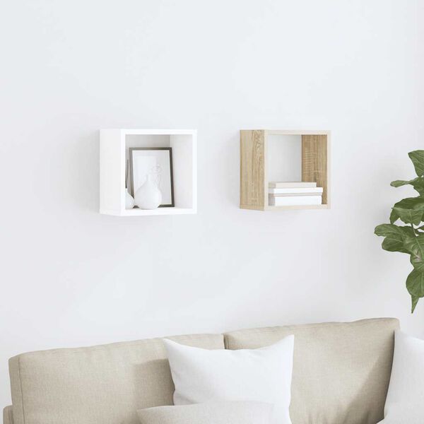 vidaXL Estantes cubo de pared 2 uds blanco y roble Sonoma 26x15x26 cm
