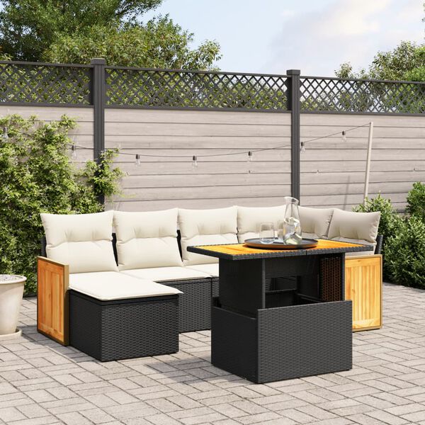 vidaXL Set de comedor de jard&iacute;n 7 pzas y cojines rat&aacute;n sint&eacute;tico negro
