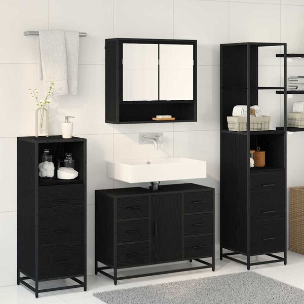 vidaXL Juego de muebles de ba&ntilde;o 3 pcs Roble Negro Madera de ingenier&iacute;a