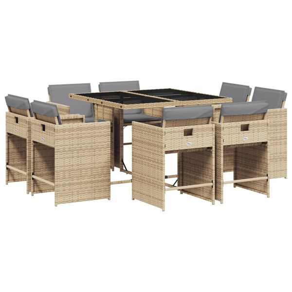vidaXL Set comedor de jard&iacute;n 9 pzas con cojines rat&aacute;n sint&eacute;tico beige