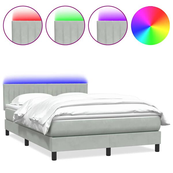 vidaXL Cama box spring con colch&oacute;n y LED terciopelo gris claro 140x220 cm