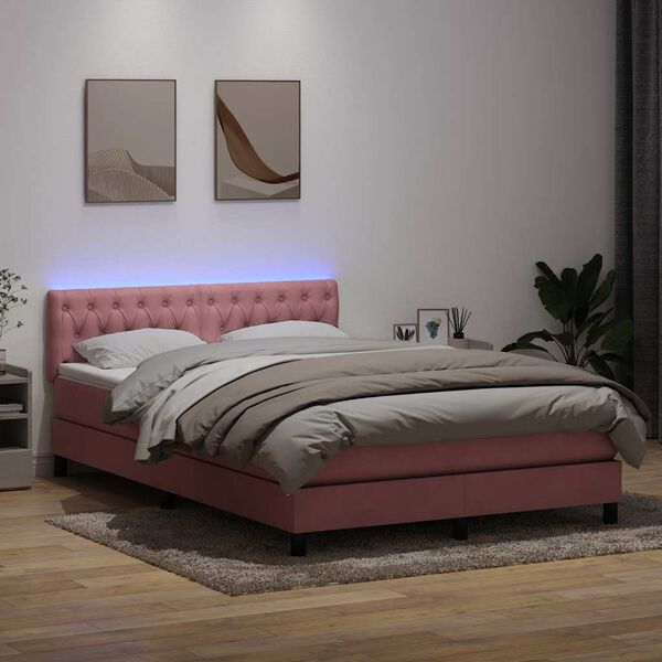 vidaXL Cama box spring con colch&oacute;n y LED terciopelo rosa 160x210 cm
