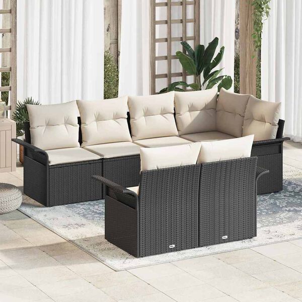 vidaXL Conjunto de sof&aacute; de jard&iacute;n con coj&iacute;n 7 pcs Negro Polirat&aacute;n