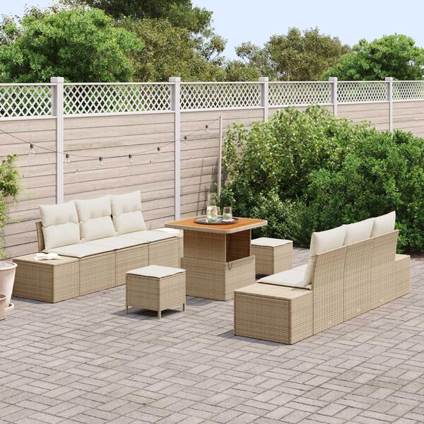 vidaXL Conjunto de sof&aacute;s de jard&iacute;n con coj&iacute;n 9 pcs Beige Polirat&aacute;n