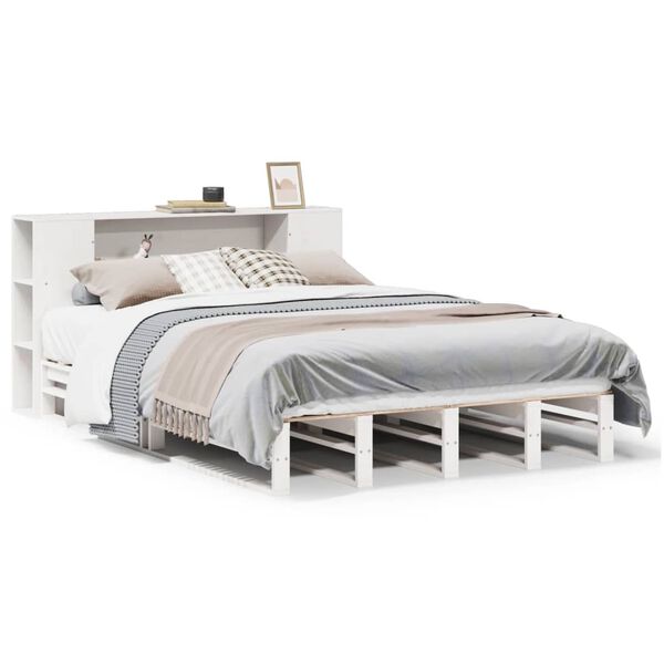 vidaXL Cama con estanter&iacute;a sin colch&oacute;n madera maciza blanca 140x190 cm