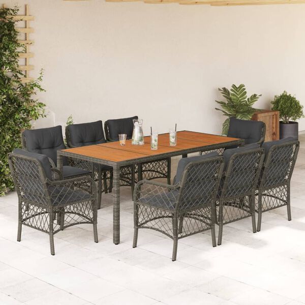 vidaXL Set comedor jard&iacute;n 9 pzas y cojines rat&aacute;n sint&eacute;tico gris
