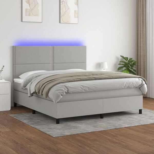 vidaXL Cama box spring colch&oacute;n y luces LED tela gris claro 180x200 cm