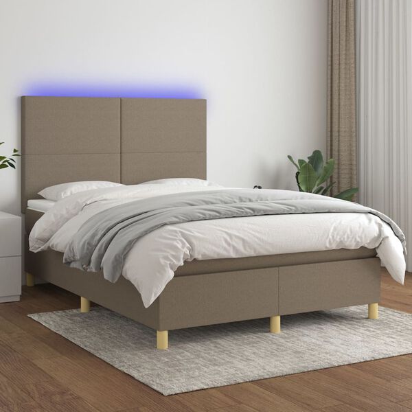 vidaXL Cama box spring colch&oacute;n y luces LED tela gris taupe 140x190 cm