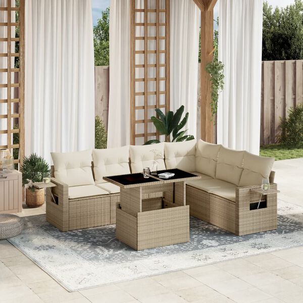 vidaXL Set sof&aacute;s de jard&iacute;n 7 piezas y cojines rat&aacute;n sint&eacute;tico beige