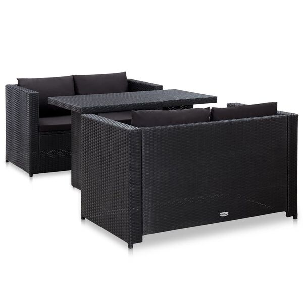 vidaXL Set de muebles de jard&iacute;n 3 pzas y cojines rat&aacute;n sint&eacute;tico negro