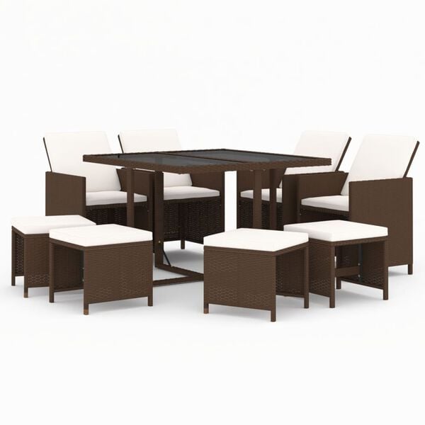 vidaXL Set de comedor jardín 9 pzas y cojines ratán sintético marrón