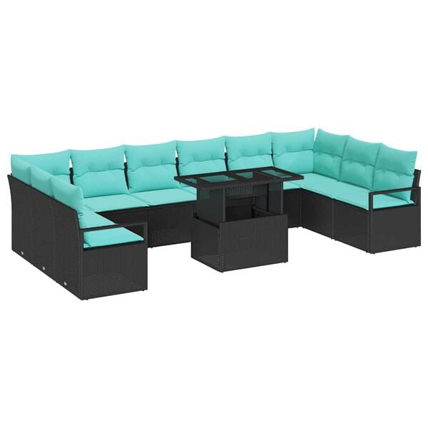 vidaXL Conjunto de sof&aacute; de jard&iacute;n 11 pcs Negro y azul rat&aacute;n sint&eacute;tico