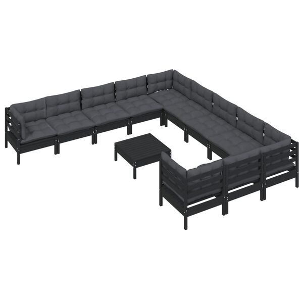 vidaXL Muebles de jard&iacute;n 12 pzas con cojines negro madera de pino