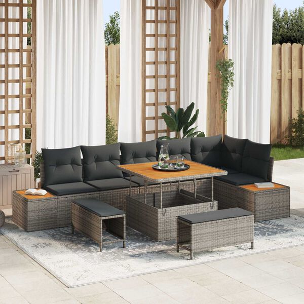vidaXL Conjunto de sof&aacute;s de jard&iacute;n 9 pcs Gris rat&aacute;n sint&eacute;tico