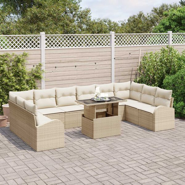 vidaXL Conjunto de sof&aacute; de jard&iacute;n con coj&iacute;n 11 pcs Beige Polirat&aacute;n