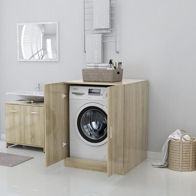 Mueble para lavadora y secadora, color roble gris, H. 143 A.201 P.62 cm,  cestos para ropa.