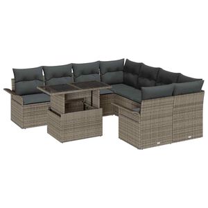 vidaXL Conjunto de sof&aacute; de jard&iacute;n 9 pcs Gris Rattan de Poli&eacute;ster