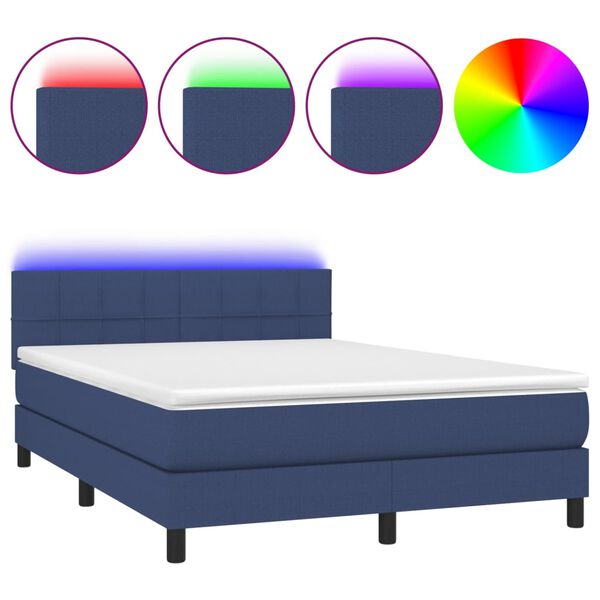 vidaXL Cama box spring colch&oacute;n y luces LED tela azul 140x190 cm