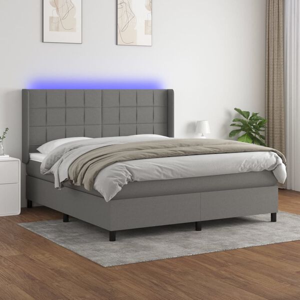 vidaXL Cama box spring colch&oacute;n y luces LED tela gris oscuro 160x200 cm