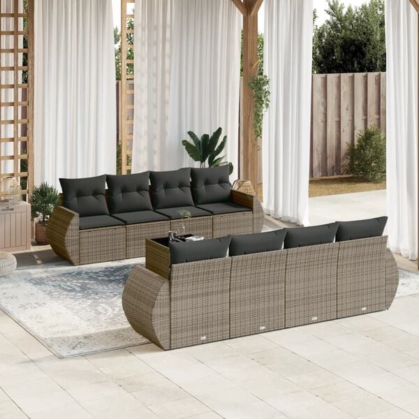 vidaXL Set de muebles de jard&iacute;n 9 pzas y cojines rat&aacute;n sint&eacute;tico gris