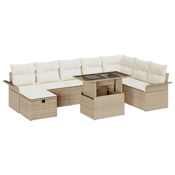 vidaXL Conjunto de sof&aacute; de jard&iacute;n con coj&iacute;n 9 pcs Beige Polirat&aacute;n