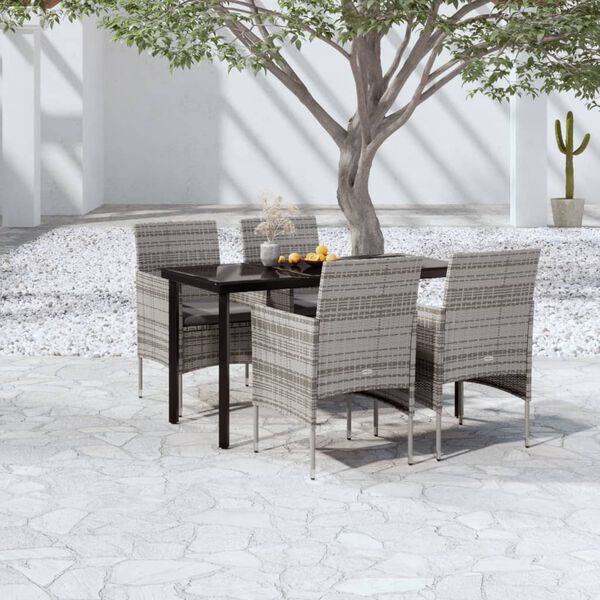 vidaXL Juego de comedor para jard&iacute;n 5 piezas con cojines gris y negro