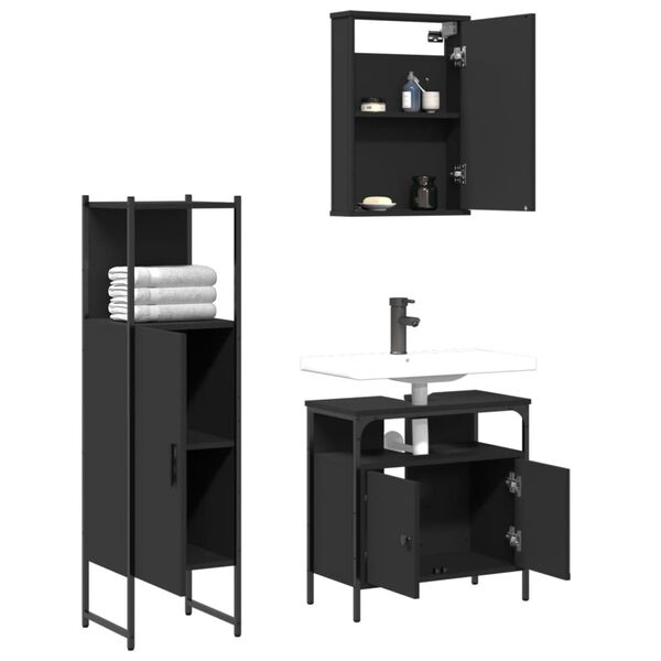 vidaXL Juego de muebles de ba&ntilde;o 3 pzas madera contrachapada negro