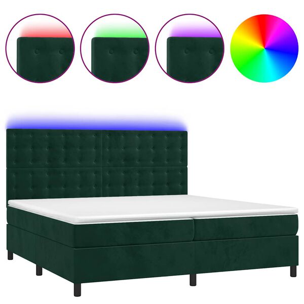 vidaXL Cama box spring colch&oacute;n y LED terciopelo verde oscuro 200x200cm