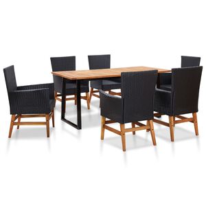 vidaXL Set comedor jard&iacute;n 7 pzas rat&aacute;n sint&eacute;tico y madera acacia negro