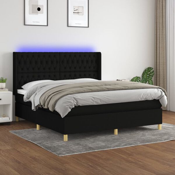vidaXL Cama box spring colch&oacute;n y luces LED tela negro 180x200 cm