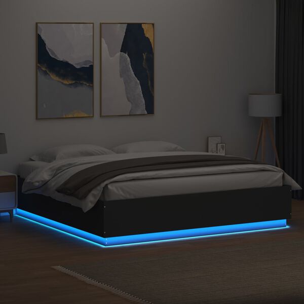 vidaXL Estructura cama con luces LED madera ingeniería negro 200x200cm