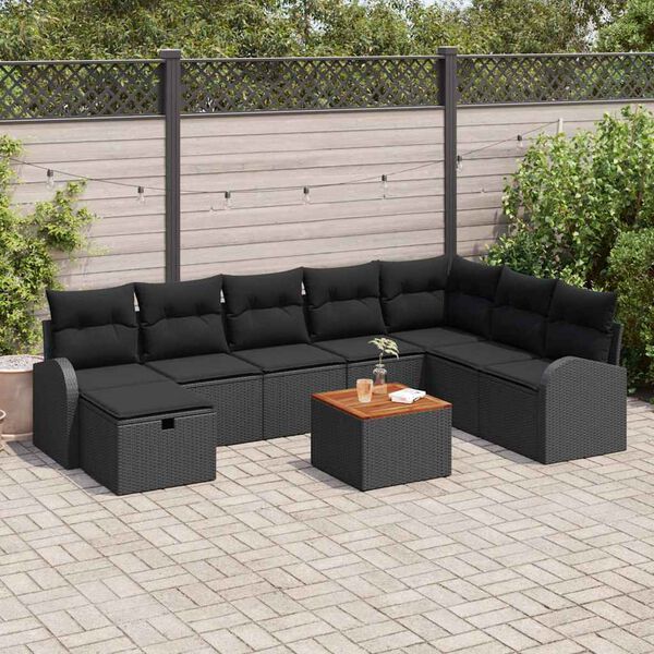 vidaXL Conjunto de sof&aacute;s de jard&iacute;n 9 pcs Negro rat&aacute;n sint&eacute;tico