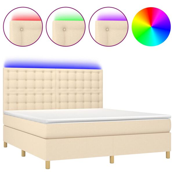 vidaXL Cama box spring colch&oacute;n y luces LED tela crema 160x200 cm