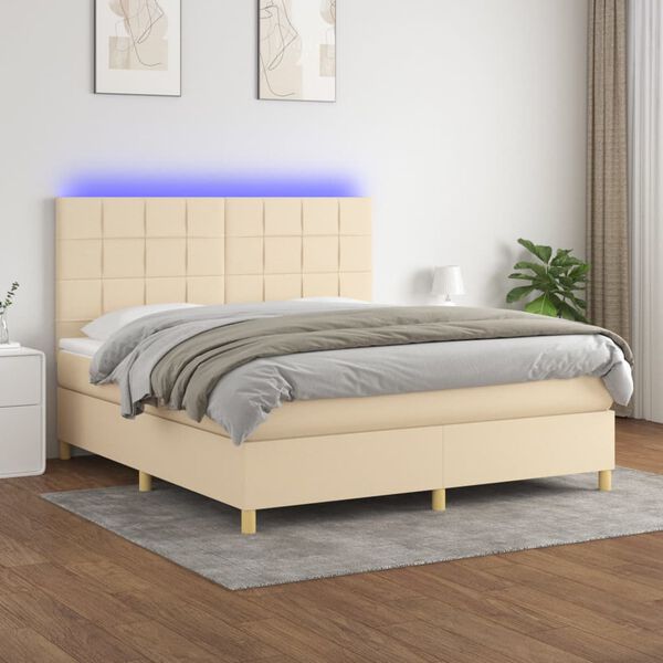 vidaXL Cama box spring colch&oacute;n y luces LED tela crema 180x200 cm