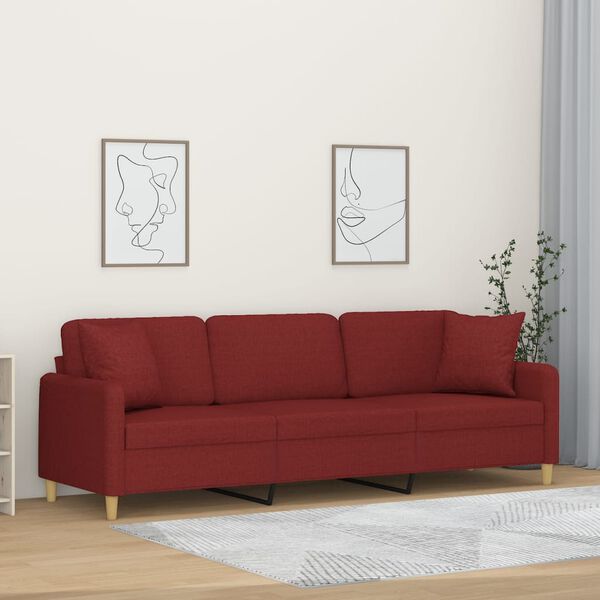 vidaXL Sof&aacute; de 3 plazas con almohadas y cojines tela rojo tinto 210 cm