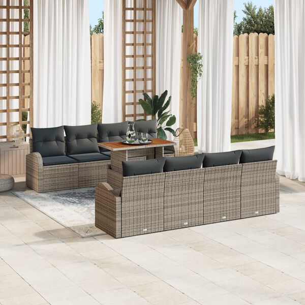 vidaXL Conjunto de sof&aacute; de jard&iacute;n 9 pcs Gris Polirat&aacute;n