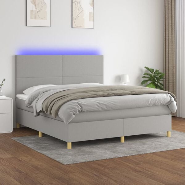 vidaXL Cama box spring colch&oacute;n y luces LED tela gris claro 180x200 cm
