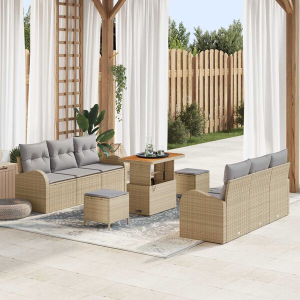 vidaXL Conjunto de sof&aacute; de jard&iacute;n con coj&iacute;n 9 pcs Beige Polirat&aacute;n