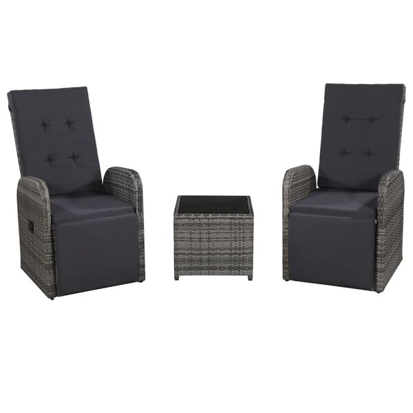 vidaXL Juego muebles bistro jardín 3 pzas cojines ratán sintético gris
